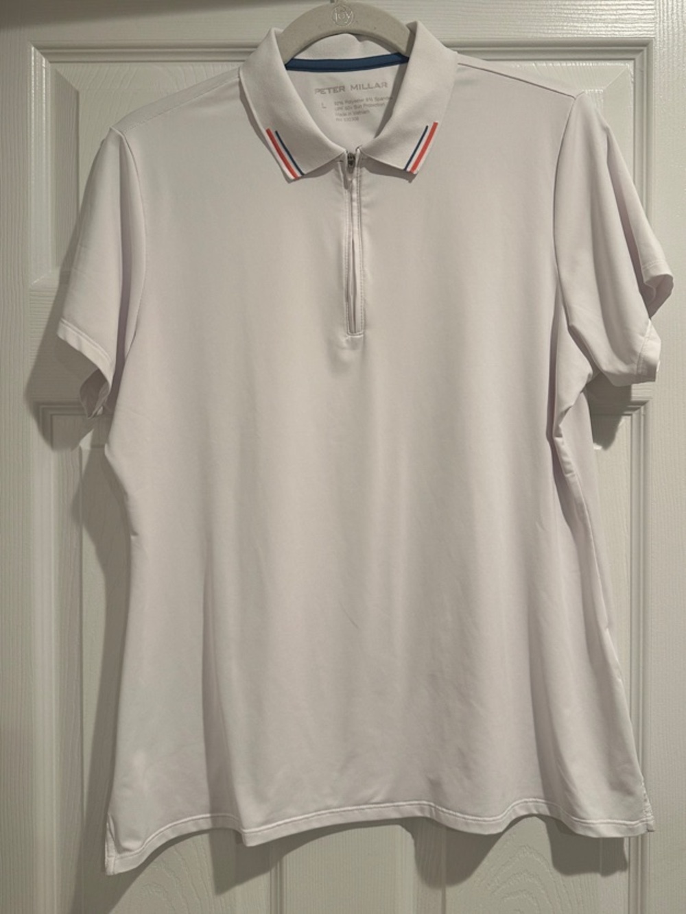 Peter Millar White Short Sleeve Half-Zip Polo with Red & Blue Collar Stripes